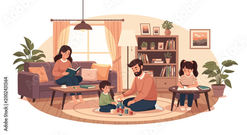 Illustration of a family spending time together in their living room, with the mother reading a book on the sofa and the father playing with the children on the rug, in a warm and inviting
