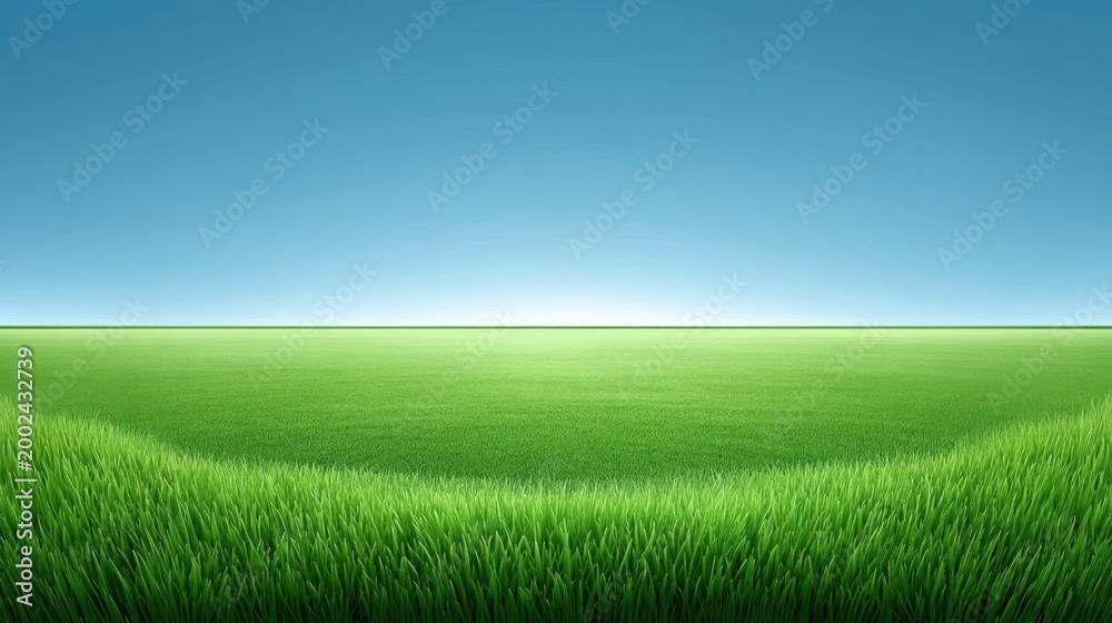 Obraz premium Vast Open Green Field Under Clear Blue Sky with Light Horizon, Natural Landscape for Tranquility and Serenity in Nature Photography