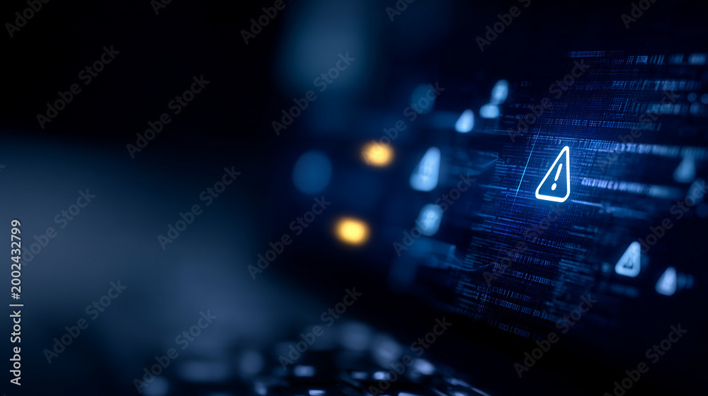 Fototapeta premium A warning symbol displayed over digital code illustrating cybersecurity threats, system alerts, and urgent data protection risks. 
