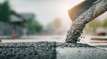 Fresh concrete being poured from a chute onto a construction site ground during a sunny day for building foundations and pavement installation work