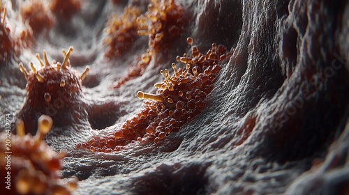 Microscopic view of COVID19 virus infecting cells in body tissue.
