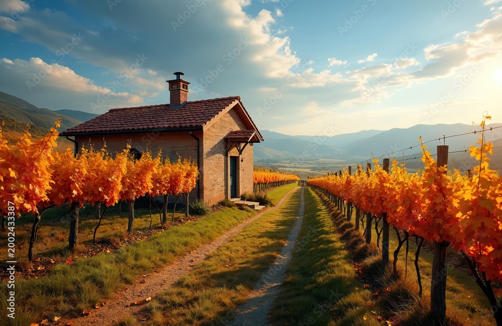 Fototapeta premium Golden autumn vineyard rows lead to small brick house. Orange vine leaves glow under warm sun, rolling hills in background. Peaceful rural landscape offers quiet escape.