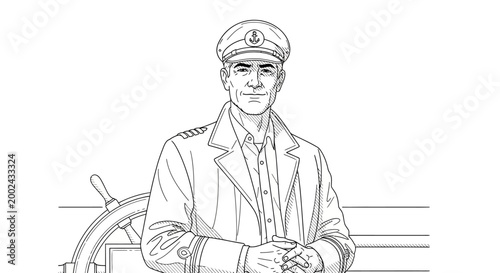 Smiling Captain Standing On Ship Deck.