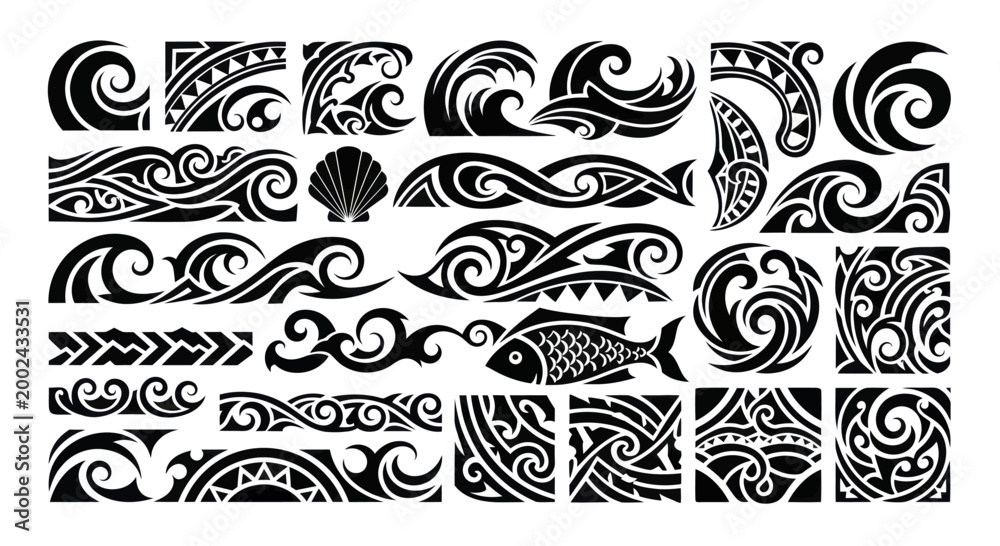 Fototapeta premium Polynesian Tribal Tattoo Designs with Ocean Waves and Marine Life.