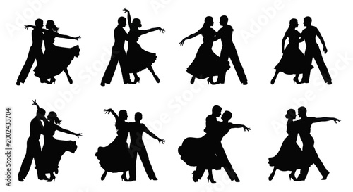 Silhouettes of elegant couples dancing various ballroom and Latin dances.