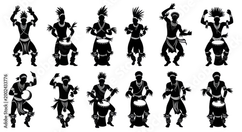 Silhouettes of African tribal dancers and drummers performing traditional rituals.