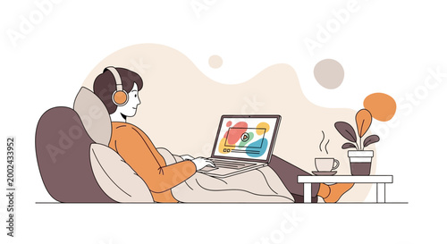 Woman wearing headphones using laptop.