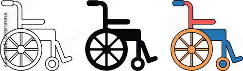 Set of wheelchair icons in outline solid and colorful styles representing accessibility medical mobility equipment for disabled people and patients.