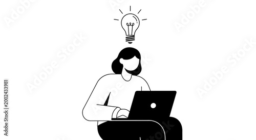 Woman with laptop and lightbulb idea.