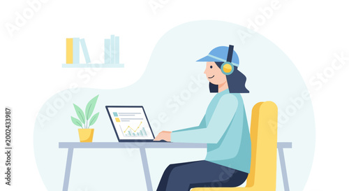 Woman wearing headphones using laptop.