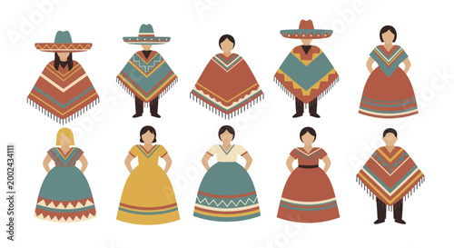Traditional Mexican Clothing Diverse Characters Festive Attire.