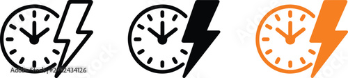 Set of clock and lightning bolt icons representing fast time quick service rapid performance and efficient energy management in vector format.