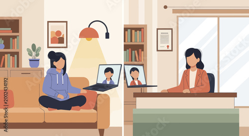 Two women engaging in a virtual meeting or online therapy session.