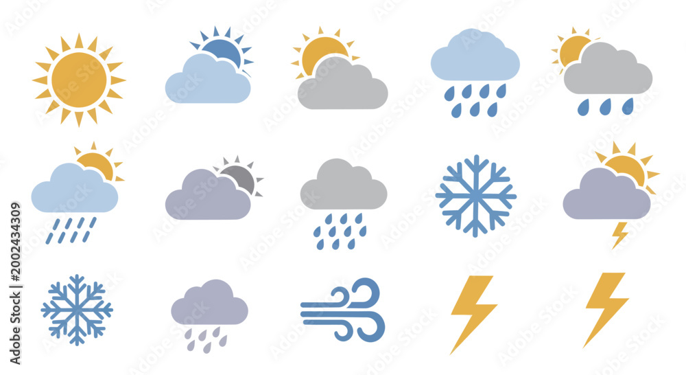 Obraz premium Weather forecast icons set with sun clouds rain snow wind and lightning.