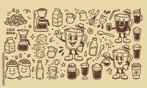 American Viral Drink Vintage 1930s Rubber Hose Style Brew with Cream Foam Mascot Doodle Set