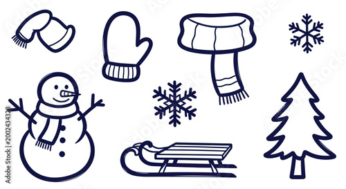Winter Season Icons Collection Snowman Sled Christmas Tree Snowflakes Mittens Scarf.