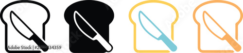 Set of bread slice and butter knife icons representing breakfast bakery food preparation and kitchen utensil symbols for culinary design projects.