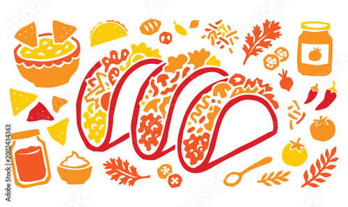 Vintage 1930s Rubber Hose Style Beef Tacos and Mexican Food Ingredient Doodle Set