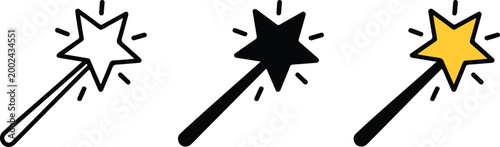 Set of magic wand icons with shining stars representing wizardry enchantment creative tools and automatic image editing effects for digital design.