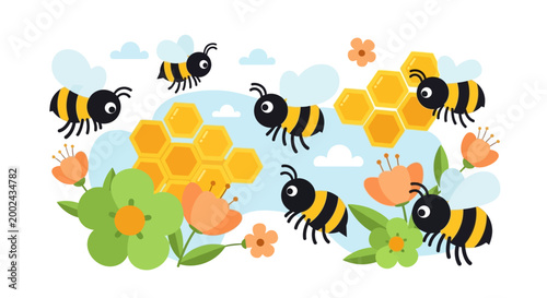 A flat illustration shows several cartoon bees buzzing around colorful flowers and honeycomb pieces against a light blue sky with fluffy clouds, creating a cheerful and whimsical springtime