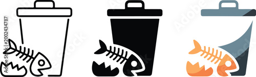 Set of trash bin icons with fish bone and eggshell waste representing food scraps organic garbage disposal and environmental sanitation management.