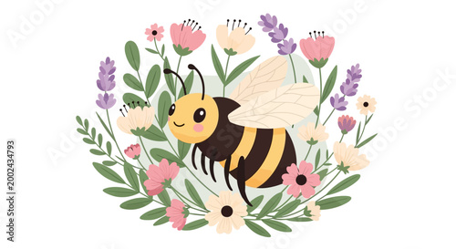 A charming cartoon bumblebee with a cheerful expression is nestled among pink and lavender flowers and green foliage against a white backdrop, presented in a cute, whimsical illustration