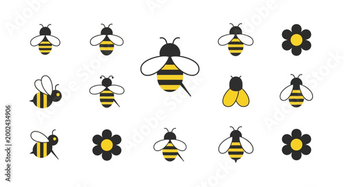 Graphic illustration shows a set of cartoon bees and flowers arranged on a white background, featuring a clean, minimalist style with bold black and yellow colors that create a cheerful