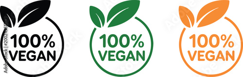 Set of one hundred percent vegan product labels with leaf accents representing organic plant based food certification and healthy lifestyle choices.