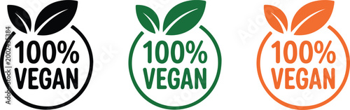 Set of one hundred percent vegan product labels with leaf accents representing organic plant based food certification and healthy lifestyle choices.