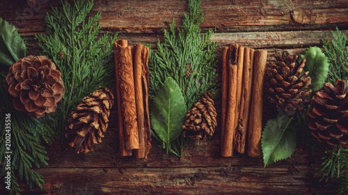 Natural Elements of Winter with Cinnamon Sticks, Pinecones, and Evergreen on Rustic Wooden Background