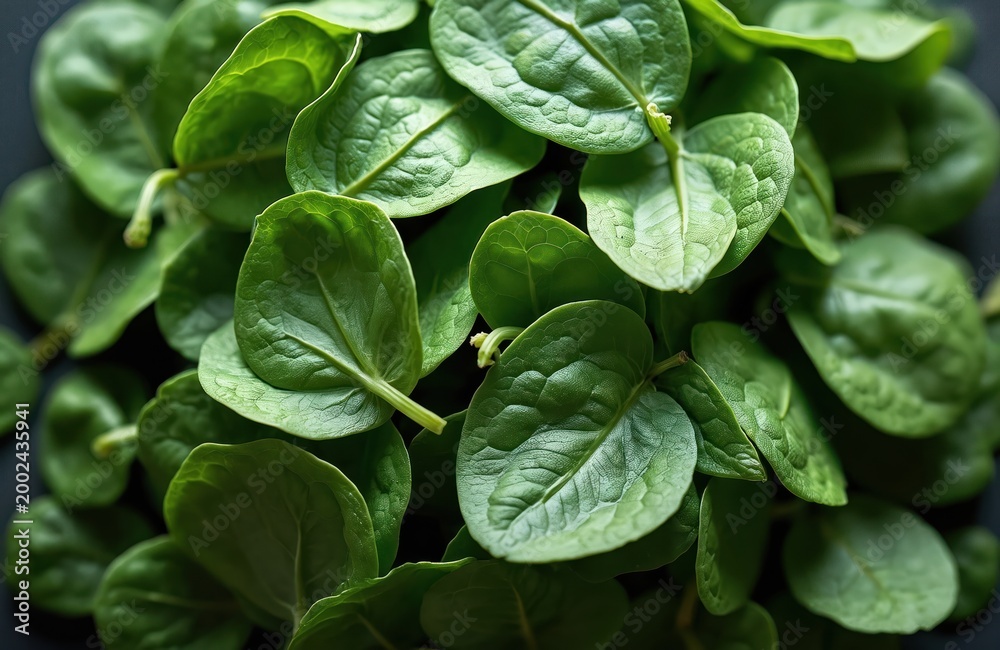 Fototapeta premium Fresh green spinach leaves close up. Healthy organic food ingredient for salads, cooking, and smoothies. Vibrant color shows natural nutrition. Eat well.