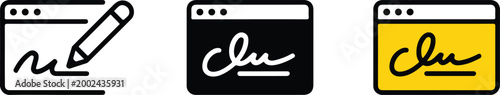 Set of digital signature icons featuring a web browser window and pencil representing electronic contract signing and online document authentication for business.