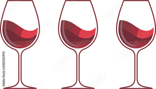 Three wine glasses with red wine, flat drink beverage