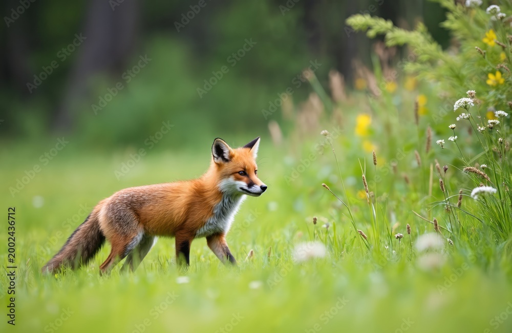Obraz premium Young red fox walks through green grassy meadow full of wildflowers. Small canid with bushy tail explores forest edge in spring. Wild mammal, vulpine, cute creature, natural habitat scene.