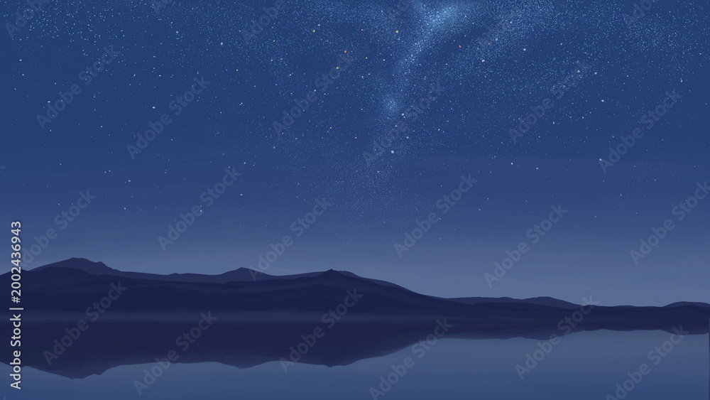 Fototapeta premium Hand-drawn starry night sky with mountain reflection in the lake / 手描き 満天の星空と湖に映る山の反射 背景イラスト
