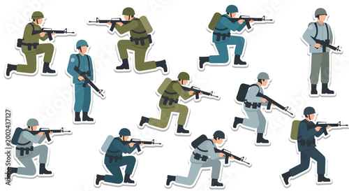 Military Soldiers Action Poses with Rifles, Vector Illustrations Set