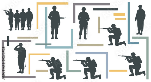 Military Silhouettes: Soldiers in Action, Combat, Training, and Formation