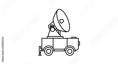 Mobile satellite dish antenna on wheels, line art illustration
