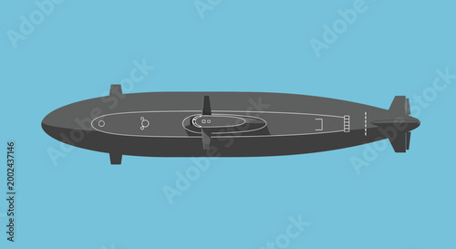 Modern dark gray airship with propeller, isolated on blue background, vector illustration