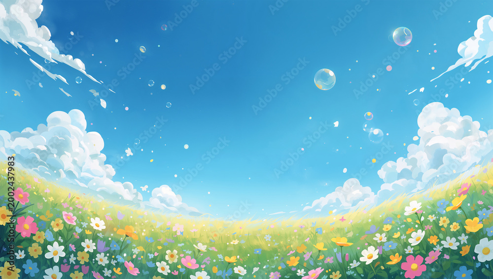 Naklejka premium 絵本のような青空と花畑が広がるやさしい背景イラスト