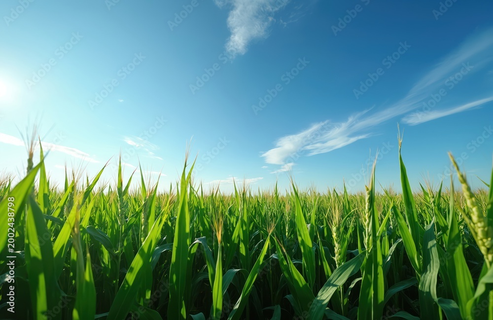 Fototapeta premium Green corn stalks grow tall towards bright blue sky with wispy clouds. Sun shines on farm field during a clear summer day. Rural landscape shows vibrant nature.