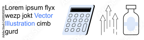 Business analysis, financial growth, healthcare planning, cost calculation, rising trends, medical economics. Calculator, upward arrows medicine bottle. Financial growth and healthcare planning