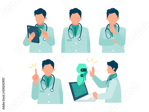 Male doctor using digital tablet and PC for AI powered diagnosis solving clinical challenges and pointing to smart medical solution for healthcare DX progress