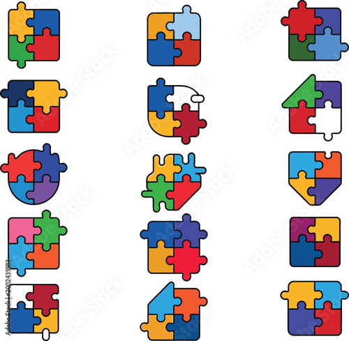 A vibrant and versatile collection of 18 flat-design vector puzzle piece icons in bright, multicolored styles. These icons represent connection, problem-solving, completeness, autism awareness, 