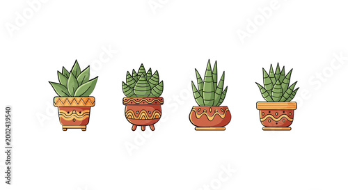 Set of four cute potted succulents with tribal patterned pots.