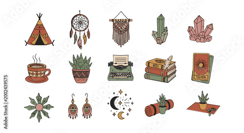 Set of hand drawn boho style design elements and spiritual symbols.