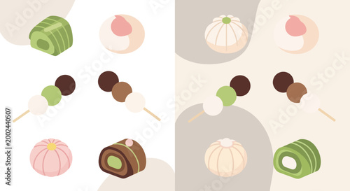 Set of Cute Japanese Traditional Wagashi Sweets Vector Illustration in Flat Minimalist Style