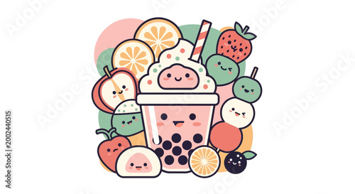 Kawaii Boba Tea Character Illustration with Cute Fruits and Japanese Desserts