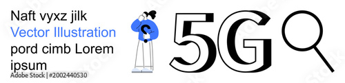 5G innovation, technology evolution, connectivity research, modern communication, network analysis, future technology. Person examining a magnifying glass with 5G. 5G technology and network analysis