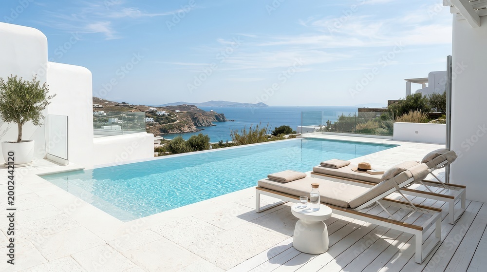 Fototapeta premium White terrace pool with sea view and paired loungers